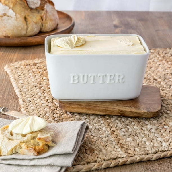 White and Acacia Wood Porcelain Embossed Butter Dish