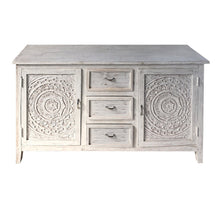 Olta 64 Inch Handcrafted Farmhouse Carved Sideboard Console Buffet, Mango Wood, 2 Engraved Doors, 3 Drawers, Antique White - UPT-248142 - Farm2Home Decor