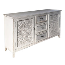 Olta 64 Inch Handcrafted Farmhouse Carved Sideboard Console Buffet, Mango Wood, 2 Engraved Doors, 3 Drawers, Antique White - UPT-248142 - Farm2Home Decor
