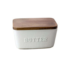 White and Acacia Wood Porcelain Embossed Butter Dish